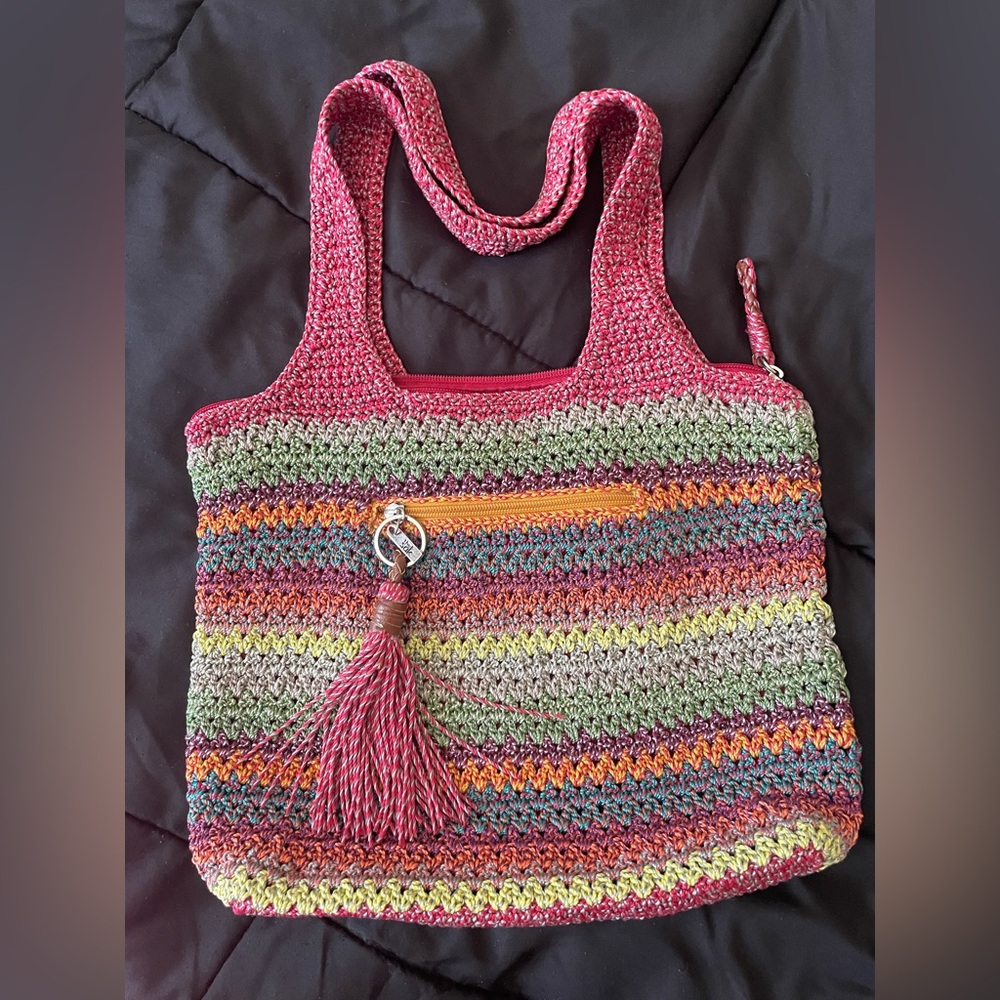 The Sak Belle Crochet Large 2 Handle Tote Rainbow Stripe Purse Handbag Boho Bag